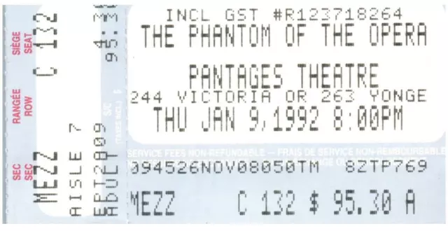 Vintage Phantom Von Die Opera Ticket Stumpf Januar 9 1992 Pantages Theatre