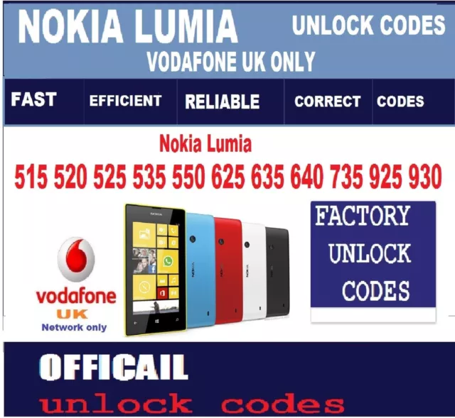 Nokia Lumia 515 520 525 535 550 625 635 640 735 925 Vodafone UK Unlock Code Fast