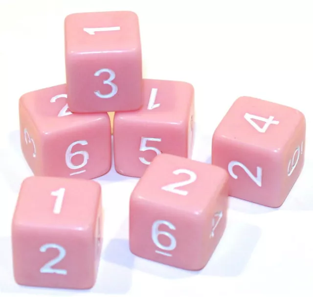 New Set of 6 Numbered D6 Six Sided Standard 16mm Game Dice - Opaque Pastel Pink