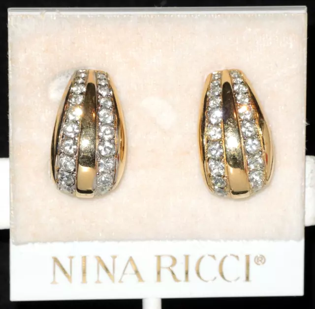 NINA RICCI Gold Plated DECO Clip Earrings with Double Row Swarovski Crystals