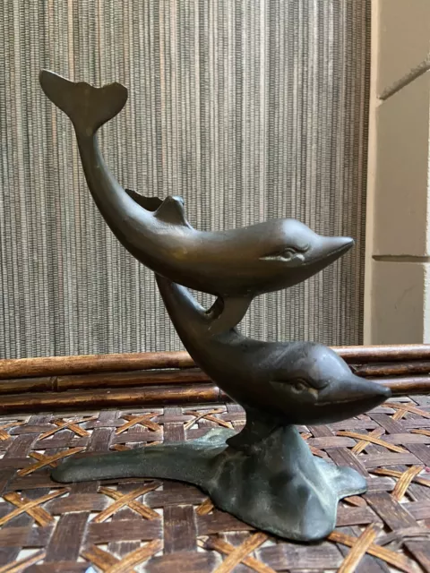 VINTAGE BRASS DOLPHINS SWIMMING Sculpture  Figurine Large 10" tall 8” wide 80’s