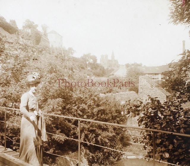 FRANCE Paysage Femme à l’ombrelle c1900  Photo Plaque de verre Stereo Vintage