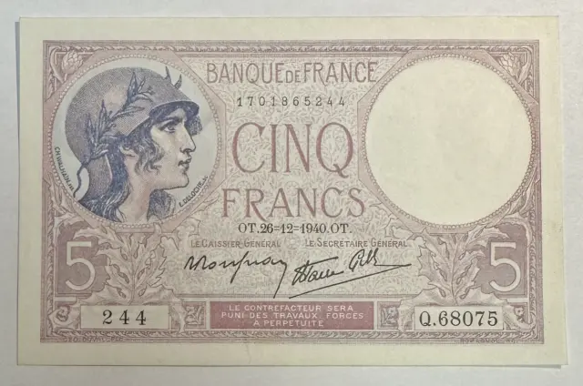 5 FRANCS VIOLET - 26.12.1940 - Billet de banque français // Qualité : TTB (244)