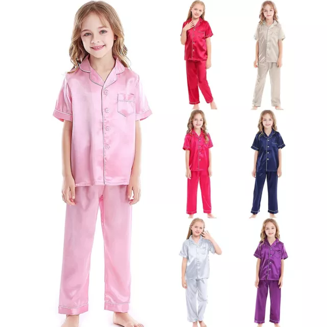 Girls Boys Pajamas Set Satin Silk Short Sleeves Button Down Classic Loungewear