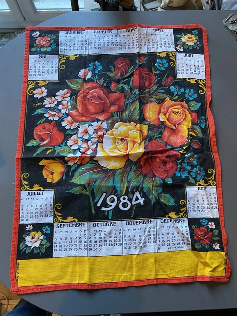 Torchon Vintage Calendrier 1977 - Motif Fleurs Coquelicots Floral, 100% Coton