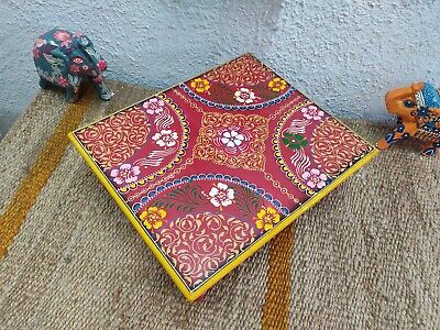 Wooden yellow & red hand painted chowki religious bajot Indian pedestal table 2