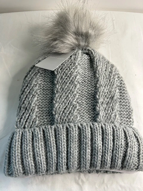 West Loop Beanie Hat Slouch Skull Cap Knit Faux Fur Pom Pom Women's OS Gray NEW