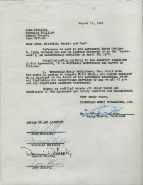 The Mamas And The Papas - Document Signed 08/16/1967 With Co-Signers