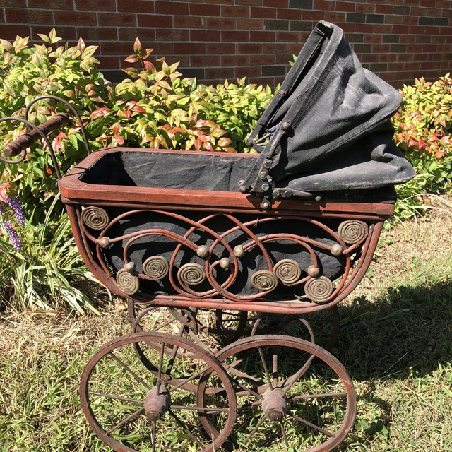 Vintage Wicker Ratan Baby Doll Pram Carriage Buggy Antique Stroller Home Decor