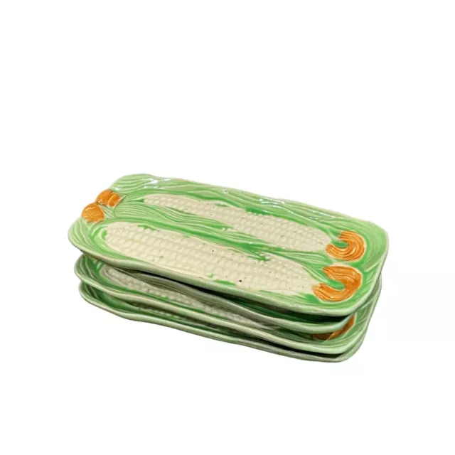 Majolica Green Corn on The Cob Plates Set of Four Made in Japan