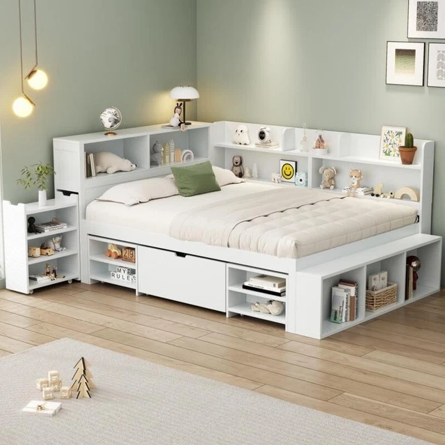 KIDS DOUBLE BED with Storage Drawers Bookcase Shelves 4ft6 White ...