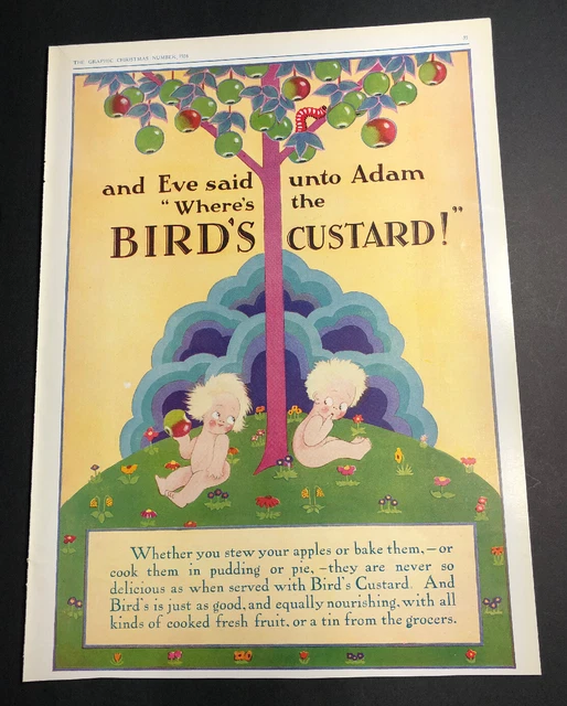 Birds Custard 1928 Ad Colorful Original Ad Cute Kids Adam& Eve Apples