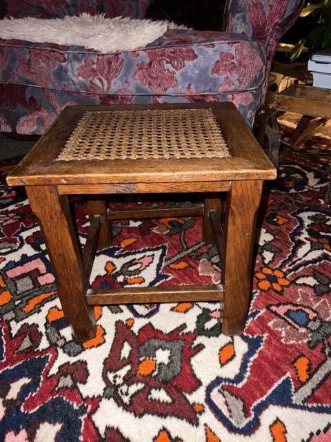 Old Vintage English Antique Arts & Crafts Oak Cane Seat Footstool Stool Country