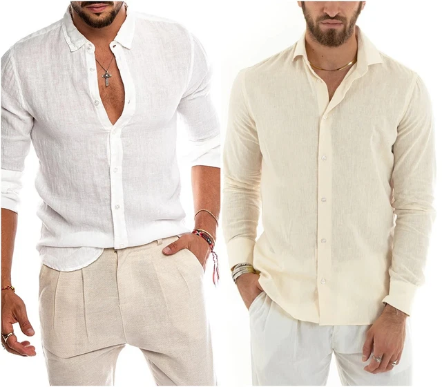 Camicia Uomo Lino Collo Serafino Mezzo Bottone Tinta Unita Casacca Sen - Foto 11