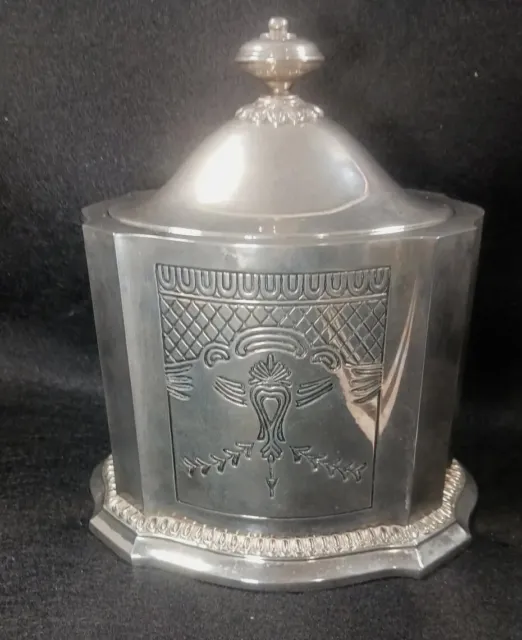 Godinger Engraved 91 Silver Plate Tea Caddy Jar w Lining Container Lid Box Vint