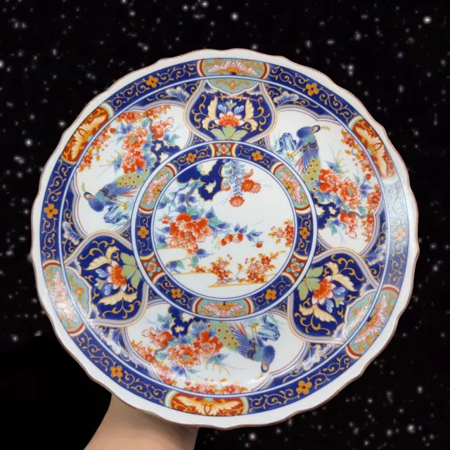 Vintage Japanese Imari Plate Shallow Serving Bowl Painted Porcelain Footed Plate
