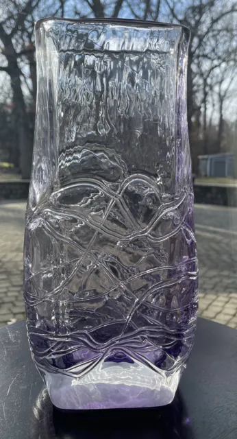 VTG Ion Tamaian Romanian Handmade Studio Art Glass Abstract Amethyst Clear Vase