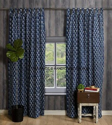2 Pcs Indian Hand Block Print Curtain Drape Window Decor Multi Cotton Curtains