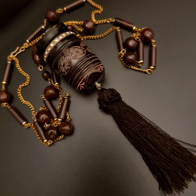 Collier Art Déco Vintage En Bakélite Et Bois - Longueur 81-90 Cm, Pièce Unique Ancienne !