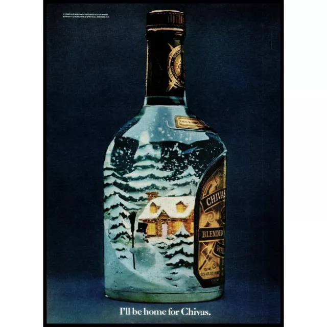 1982 Chivas Regal Scotch Vintage Print Ad Christmas Tree Cabin in Bottle Photo