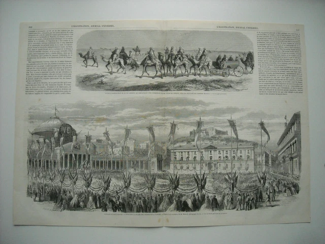 Gravure 1862. Canal De Suez, Lesseps. Fete Sur La Place De Plebiscito A Naples..