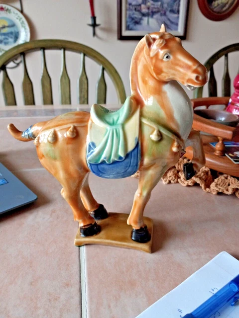 Vintage Chinese War Ceramic Horse Figurine Glossy Tang Dynasty Sancai Glaze-8"