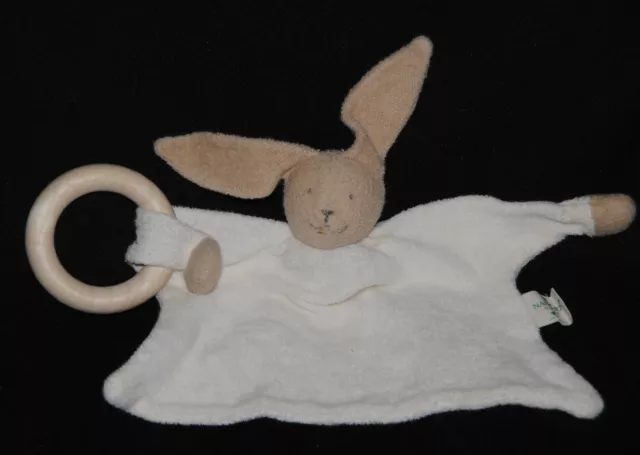 Peluche Doudou Lapin NANCHEN NATUR  Plat Beige Ecru Eponge Anneau Bois TBE