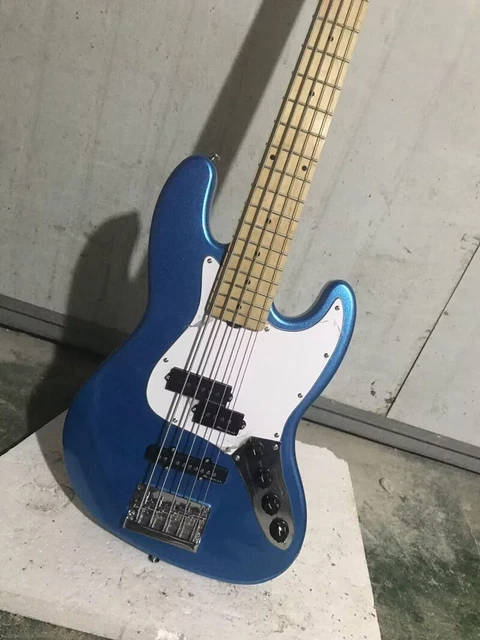 5 String Metallic Blue Jazz Electric Bass Guitar Solid Body White Pickguard