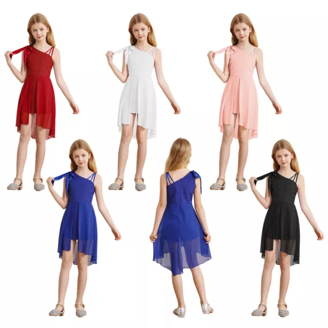 Kids Girls Gown Flower Dance Celebration Dress Asymmetrical A-Line Proms Flowy