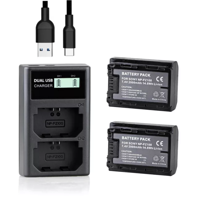 QUMOX NP-FZ100 Battery and Dual Slot Charger Set for Sony A7iii, A7iv, A7C, Z...