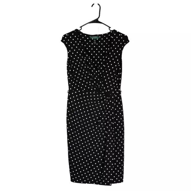 Ralph Lauren Women's Dress Black White Polka Dot Faux Wrap Stretch Jersey Knit 4