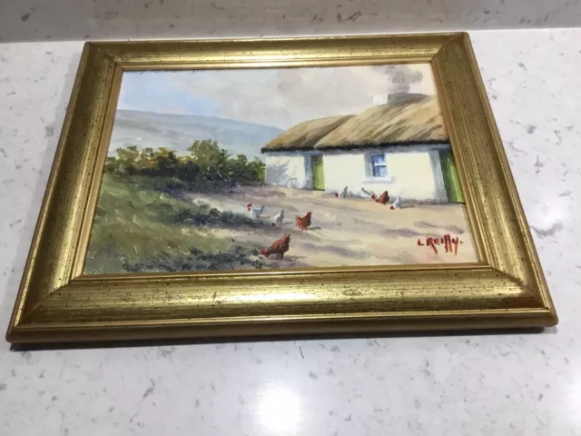 Liam Reilly Irish Artist Oil On Board Farmhouse And Chickens. Signed, Framed