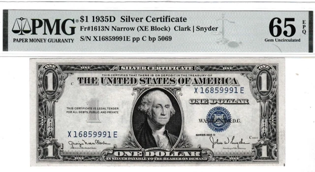$1  1935 D  Narrow Silver Certificate  X 16859991 E  Pmg 65 Gem Unc