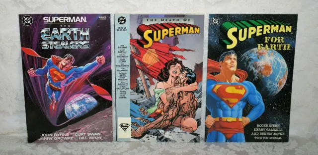 13J11. 3 x DC TRADE PAPERBACK, SUPERMAN FOR EARTH, DEATH OF, EARTH STEALERS VF+