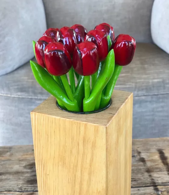 Wooden tulips, set of 9 red tulips, 7.8'' floral table decor, handmade tulip