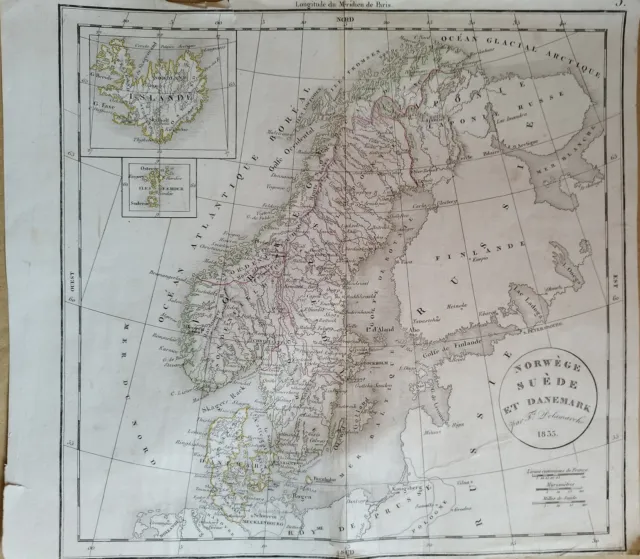 Grenzkolorierter Stahlstich von Skandinavien und Island, Felix Delamarche, 1835