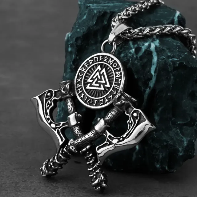 Stainless Steel Viking Double Axe Pendant Necklace Nordic Rune Amulet Necklace