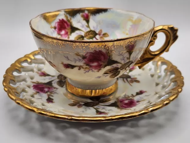 Vintage Royal Sealy Pink Roses Gold Trim  Tea Cup Reticulated China Saucer