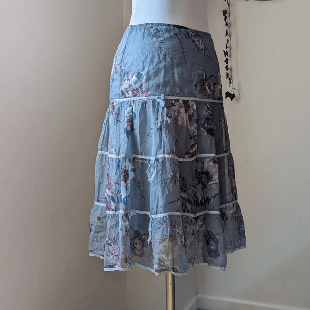 Betsey Johnson Vintage 90s Pastel Blue Floral Silk Tiered Mini Skirt Bows Soft S 3