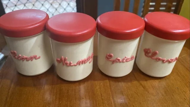 Vintage Retro 1950'S Nallyware Bakelite Cream & Red Spice Canisters