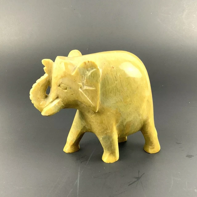 Carved Soapstone Elephant Figurine Trunk Up Hard Carved Wild Animal Jungle India