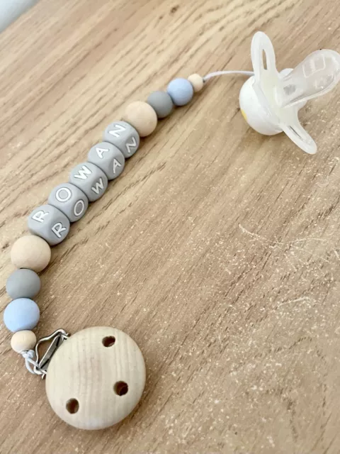 Personalised Baby Dummy Clip Food Grade Safe Beads Natural Wood & Silicone UK