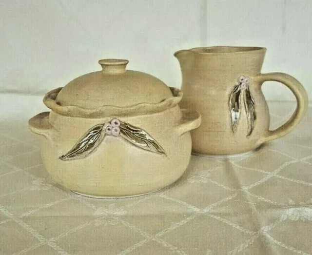 Handmade Pottery Sugar Bowl And Creamer Milk Jug - Australian Gumnuts & Leaves