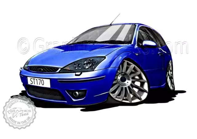 MK1 Ford Focus ST170 Blue Car Cartoon Caricature A4 Print Personalised Gift