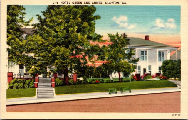Vtg Clayton Georgia GA Hotel Green and Annex 1930s Unused Linen Postcard