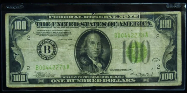 1934 $100 Federal Reserve Note New York Very Fine - Lime Green