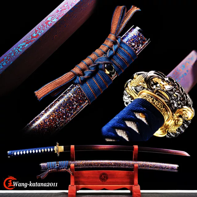 Red&Blue Damascus Folded Steel Katana Japanese Samurai Sharp Functional Sword