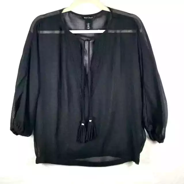 White House Black Market Blouse XS Black Sheer Embroidered Tassels V Neck Flowy