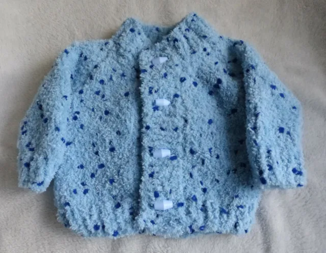hand knitted baby boys cardigan 0/3 months blue with navy dots