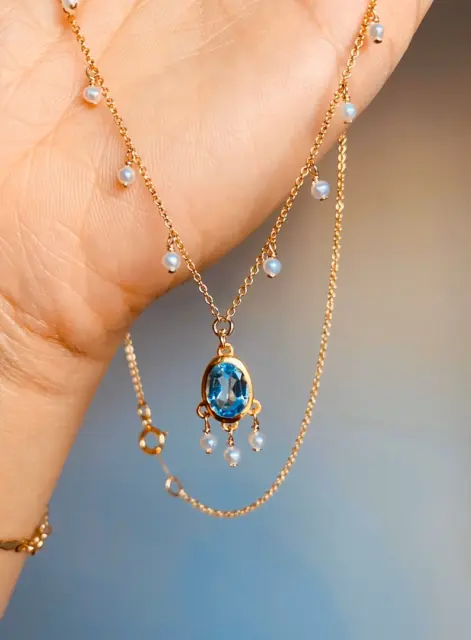 Art Swiss Blue Topaz & Seed Pearl Bead 14K Yellow Gold Over 18"Wedding Necklace